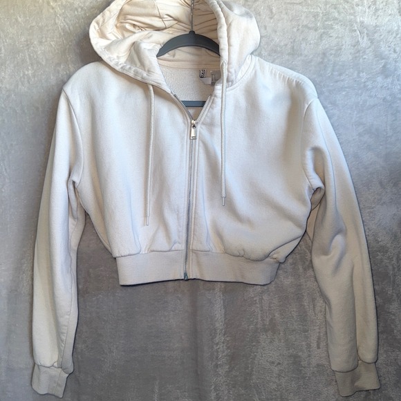 H&M Divided Cream Cropped Full Zip Up Hoodie Sweatshirt Women's Medium - Picture 1 of 8